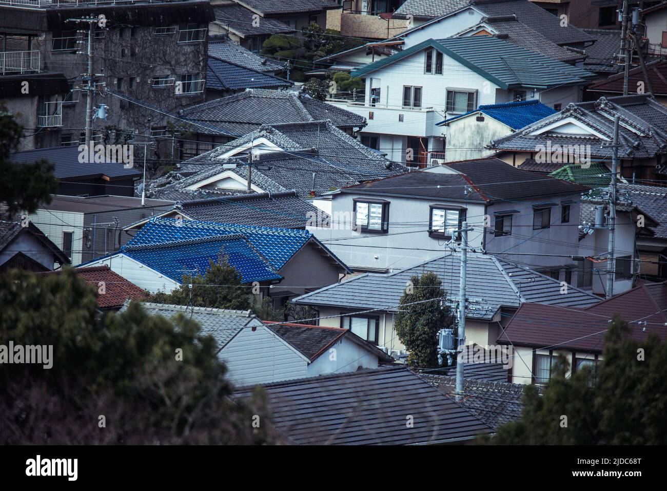 Panoramic View to the Residential Roofs of the Himeji City, Japan Stock Photo