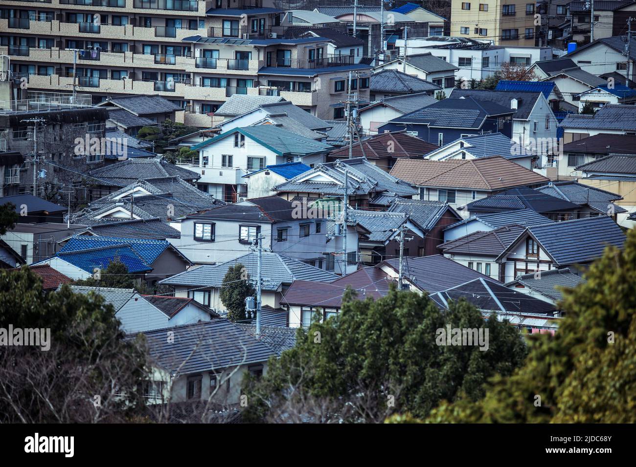 Panoramic View to the Residential Roofs of the Himeji City, Japan Stock Photo