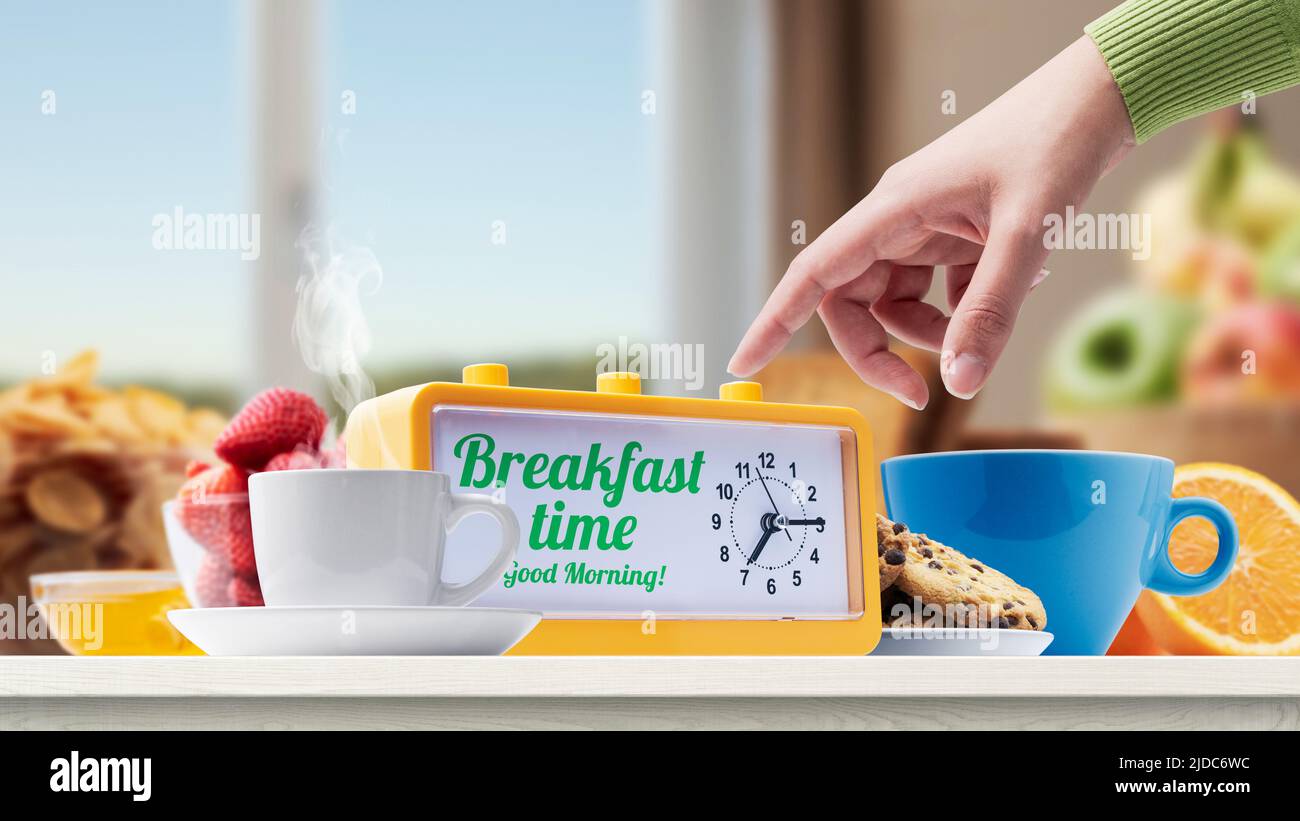 It S Breakfast Time Woman Turning Off The Alarm And Having A Delicious