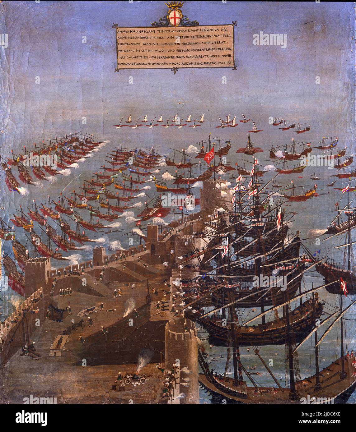 Christian fleet under the command of Andrea Doria conquering Corone in 1532, Greece, oil on canvas, 16th century. Stock Photo