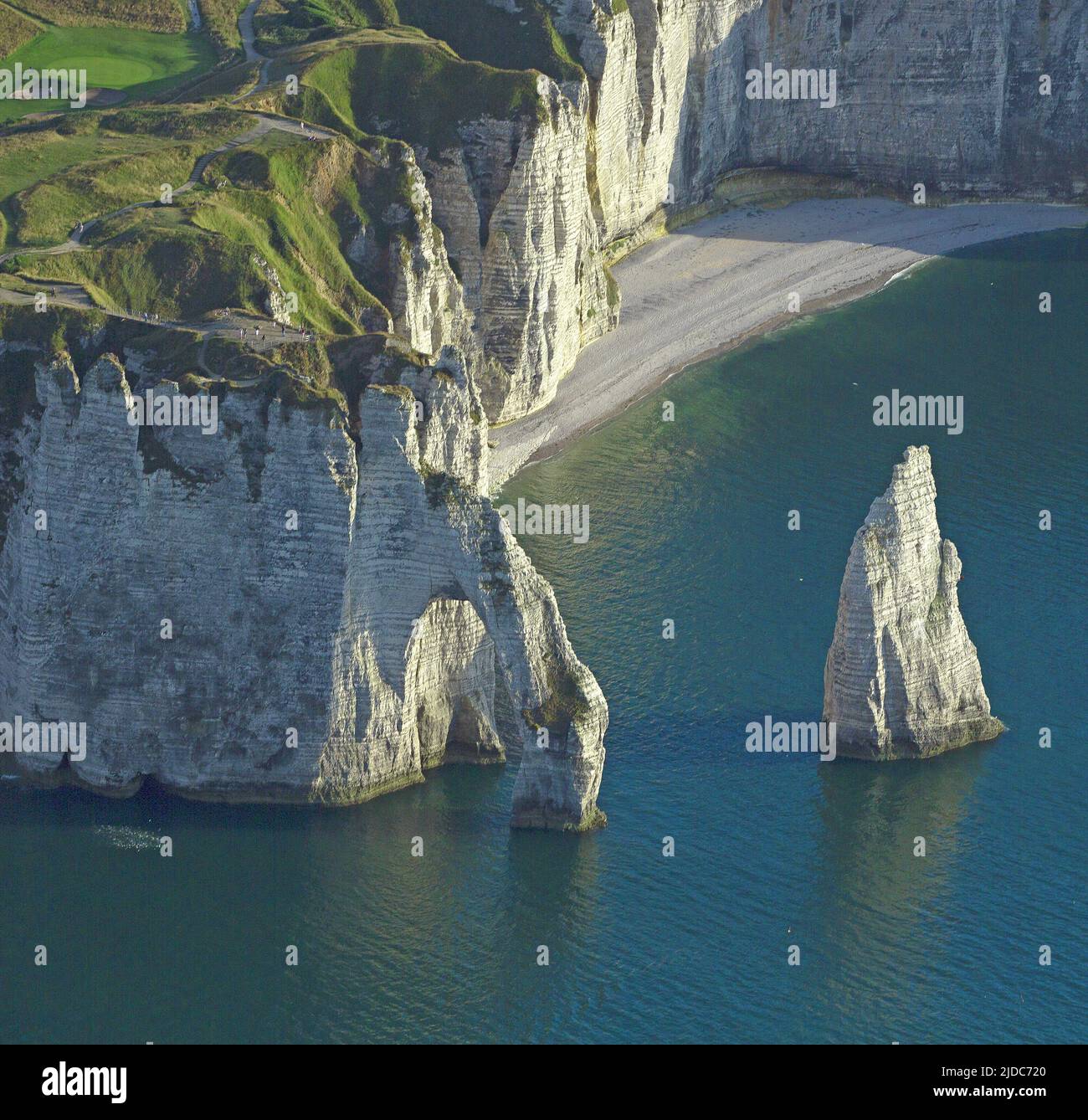 France, Seine-Maritime (76), Etretat, limestone cliffs have made it a place of international tourism (aerial view), Stock Photo