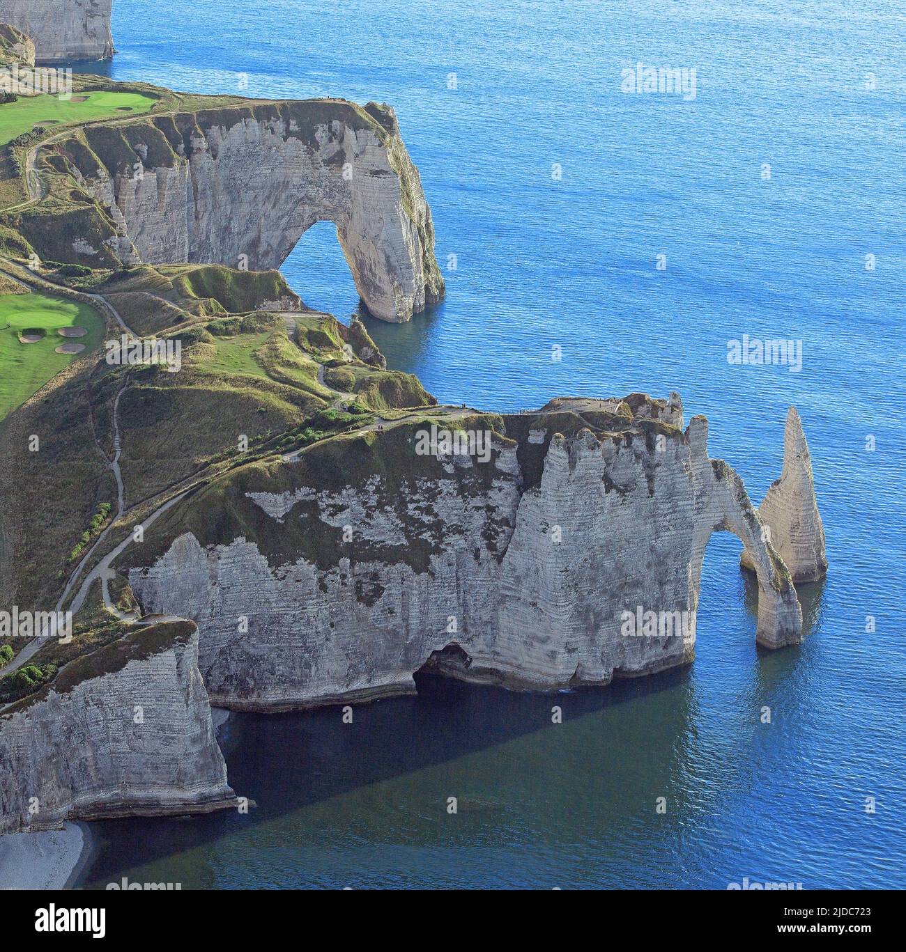 France, Seine-Maritime (76), Etretat, limestone cliffs have made it a place of international tourism (aerial view), Stock Photo