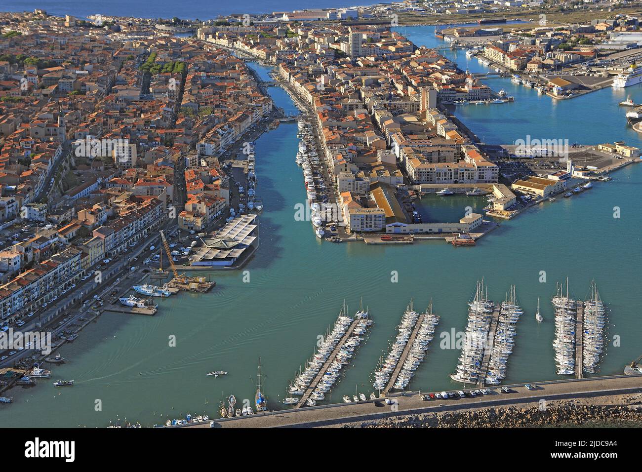 France, Hérault, Sète, the Mediterranean port city at the foot of Mont Saint Clair and Lake Thau, (aerial photo), Stock Photo