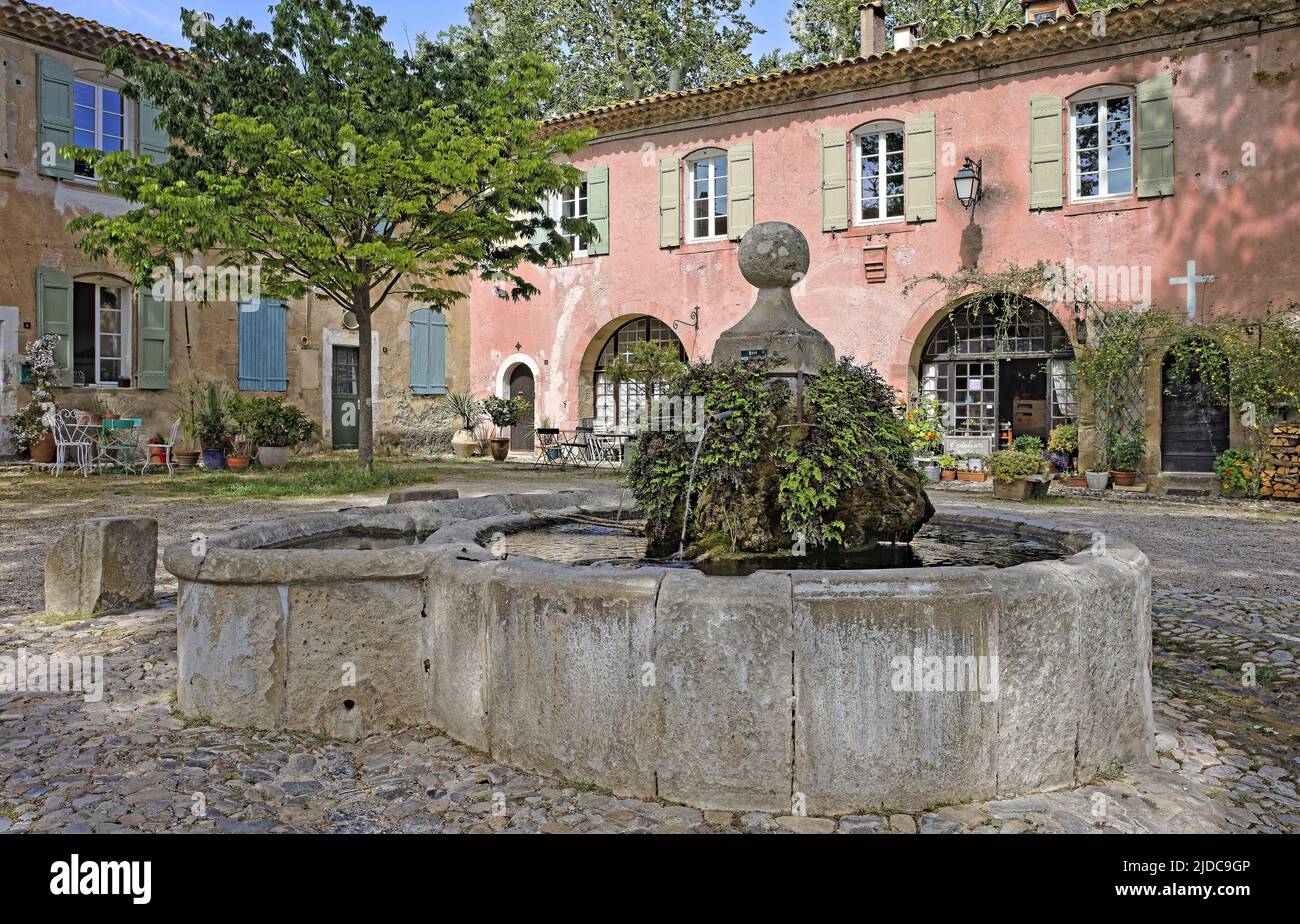 France, Hérault Villeneuvette, old factory, the fountain Stock Photo