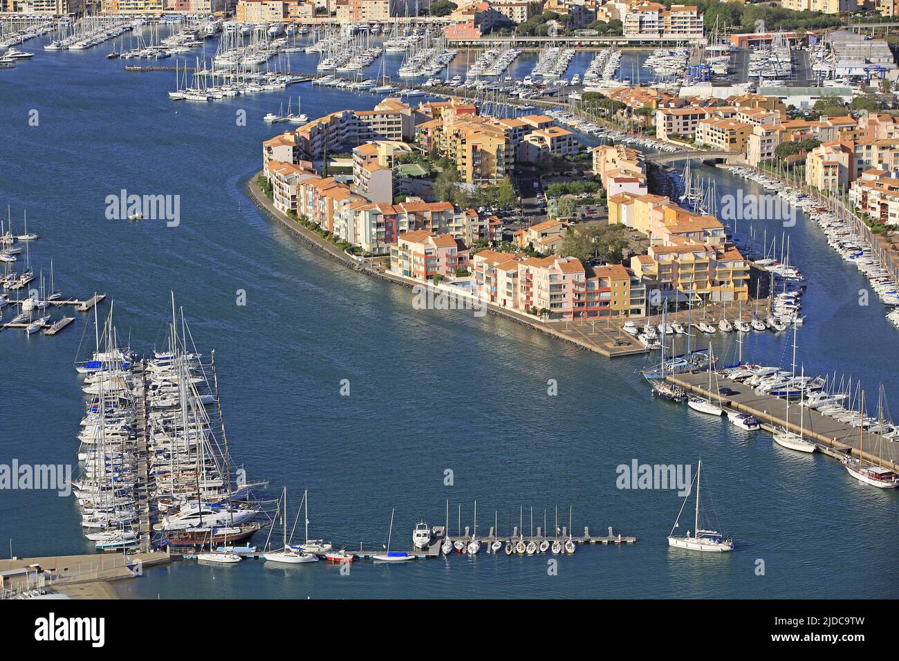 France, Hérault, Cap d'Agde, seaside resort, and large marina in the Mediterranean (aerial photo), Stock Photo