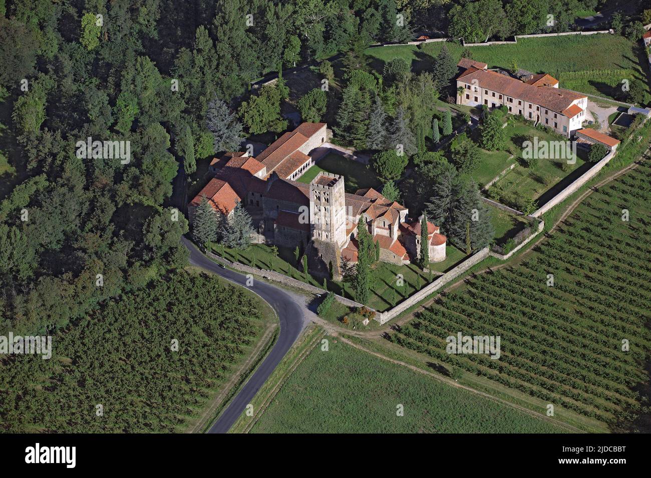 France East Pyrenees, Abbey of Saint-Michel Cuxa (aerial view) Stock Photo