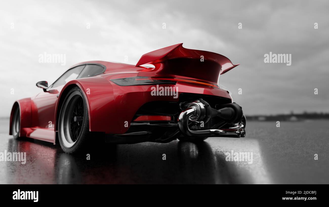 Sports car with extreme exhaust from behind - 3D Rendering Stock Photo ...