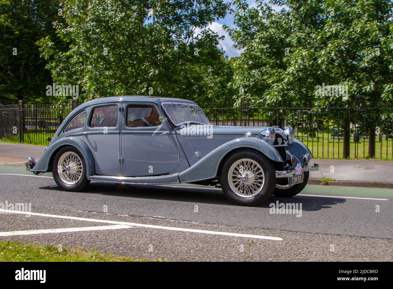 1936 30s thirties pre-war grey Riley Kestrel Sprite 1496cc petrol saloon; automobiles featured during the 58th year of the Manchester to Blackpool Touring Assembly for Veteran, Vintage, Classic and Cherished cars. Stock Photo