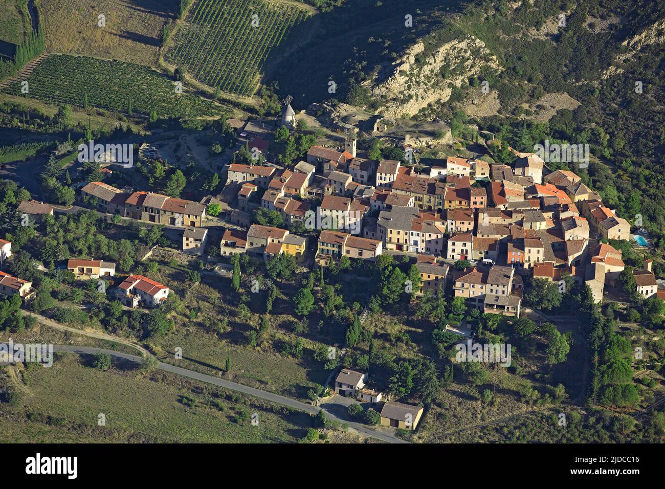 France, Aude Cucugnan, tourist village of the Corbières (aerial view) Stock Photo