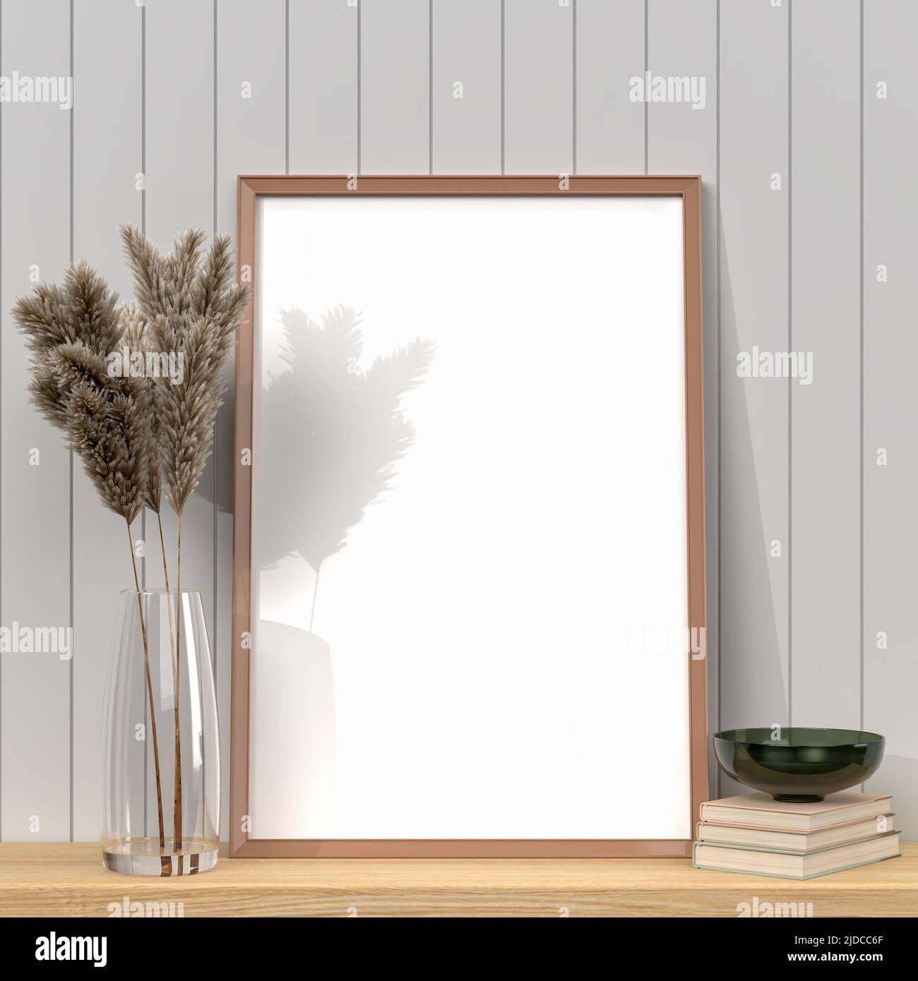 empty mockup photo frame on wall in room interior close up . Modern and floral concept of shelves. with shadows windows Stock Photo