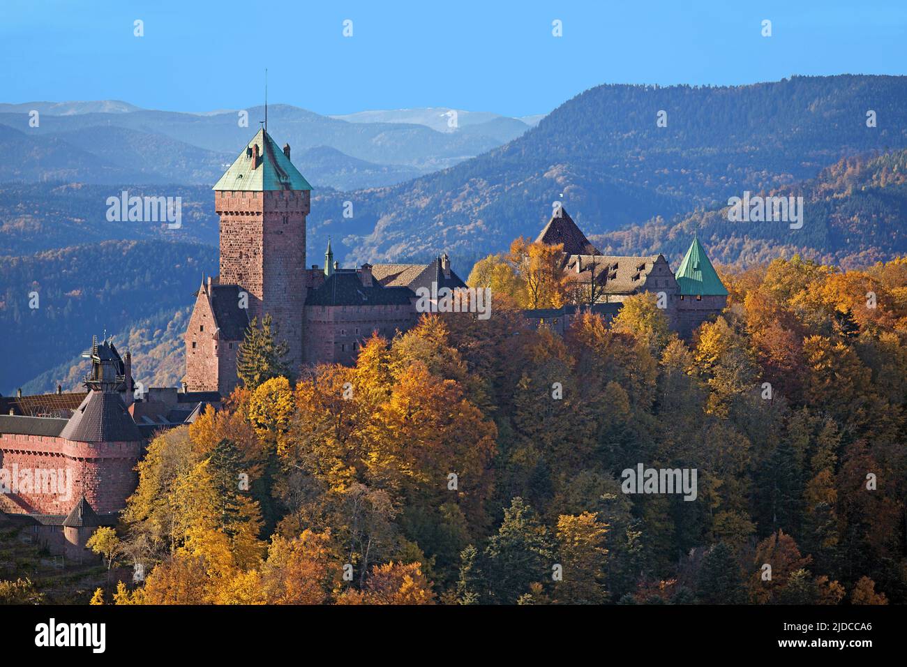 France, Bas-Rhin Haut-Kœnigsbourg castle in autumn (aerial view) Stock Photo