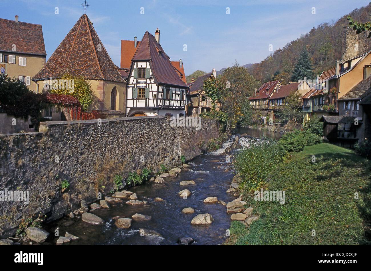 Inches Riversider Half France, Haut-Rhin Kaysersberg, Oberhof Chapel, riverside, half-timbered ...