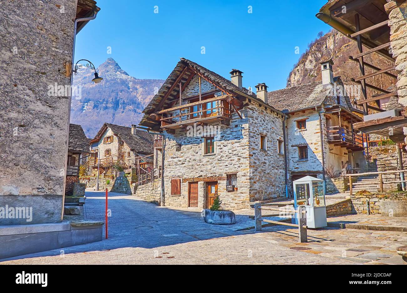 The medieval stone Sonogno village in Alps of Valle Verzasca, Switzerland Stock Photo