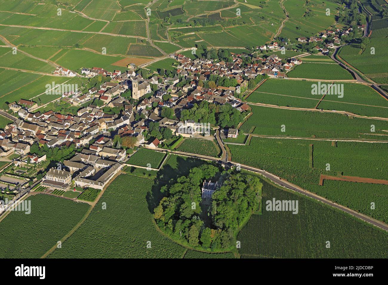 France, Côte-d'Or, Pommard, Burgundy vineyard village of AOC Côtes de Beaune (aerial photo), Stock Photo