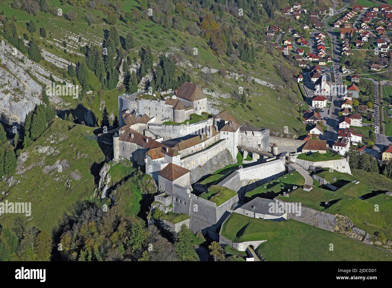 France, Doubs La Cluse-et-Mijoux, fort de Joux, (aerial photo) Stock Photo