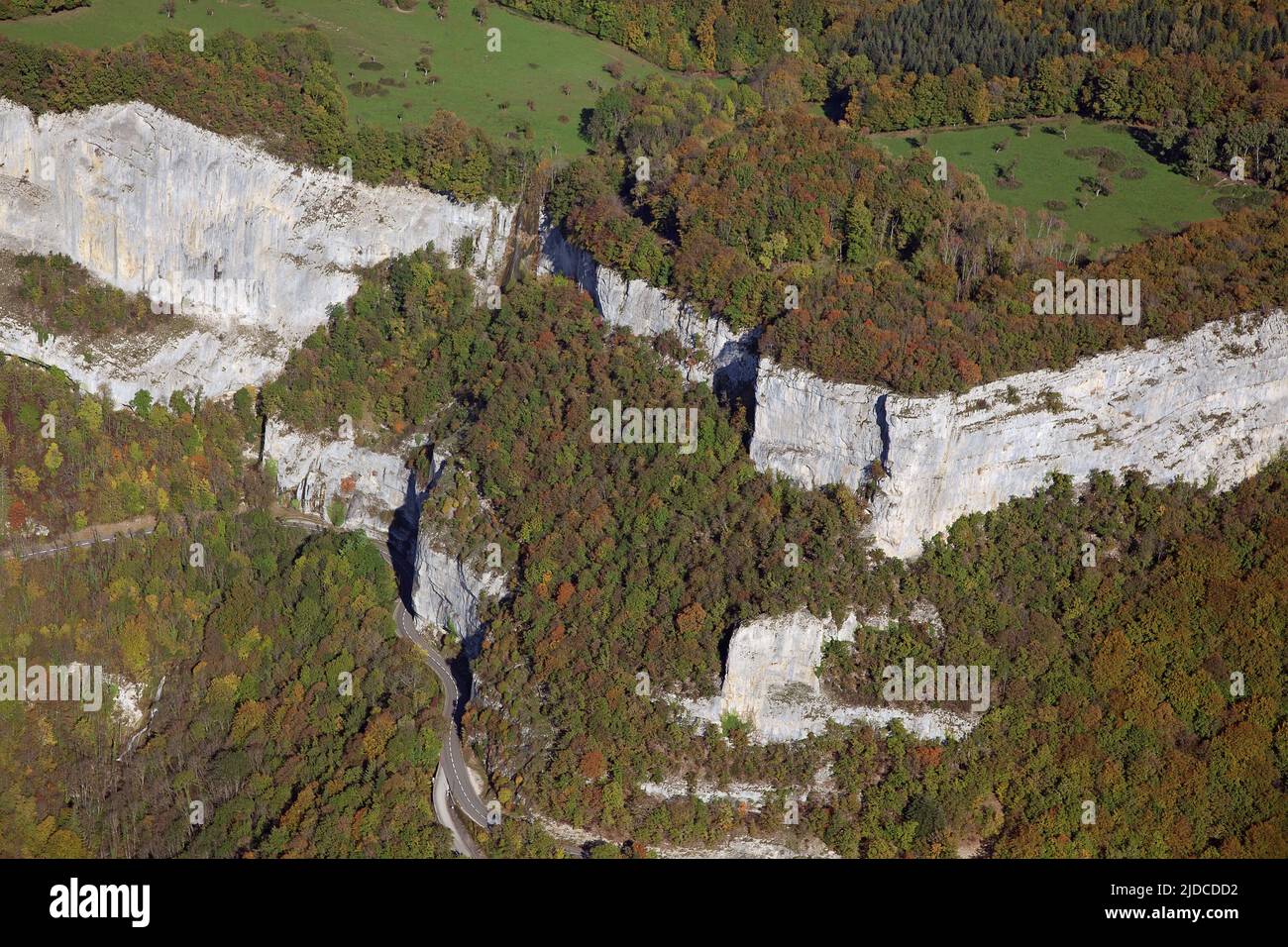 France, Jura Baume-les-Messieurs, Les Reculées, the Dard valley, aerial photo Stock Photo