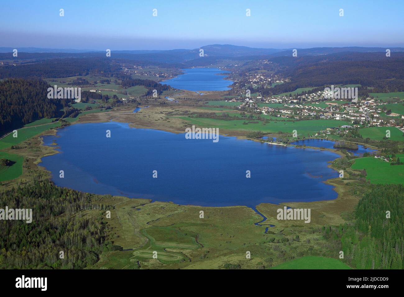 France, Doubs Remoray-Boujeons, the lake of Remoray and The lake of Saint-Point, (aerial photo) Stock Photo