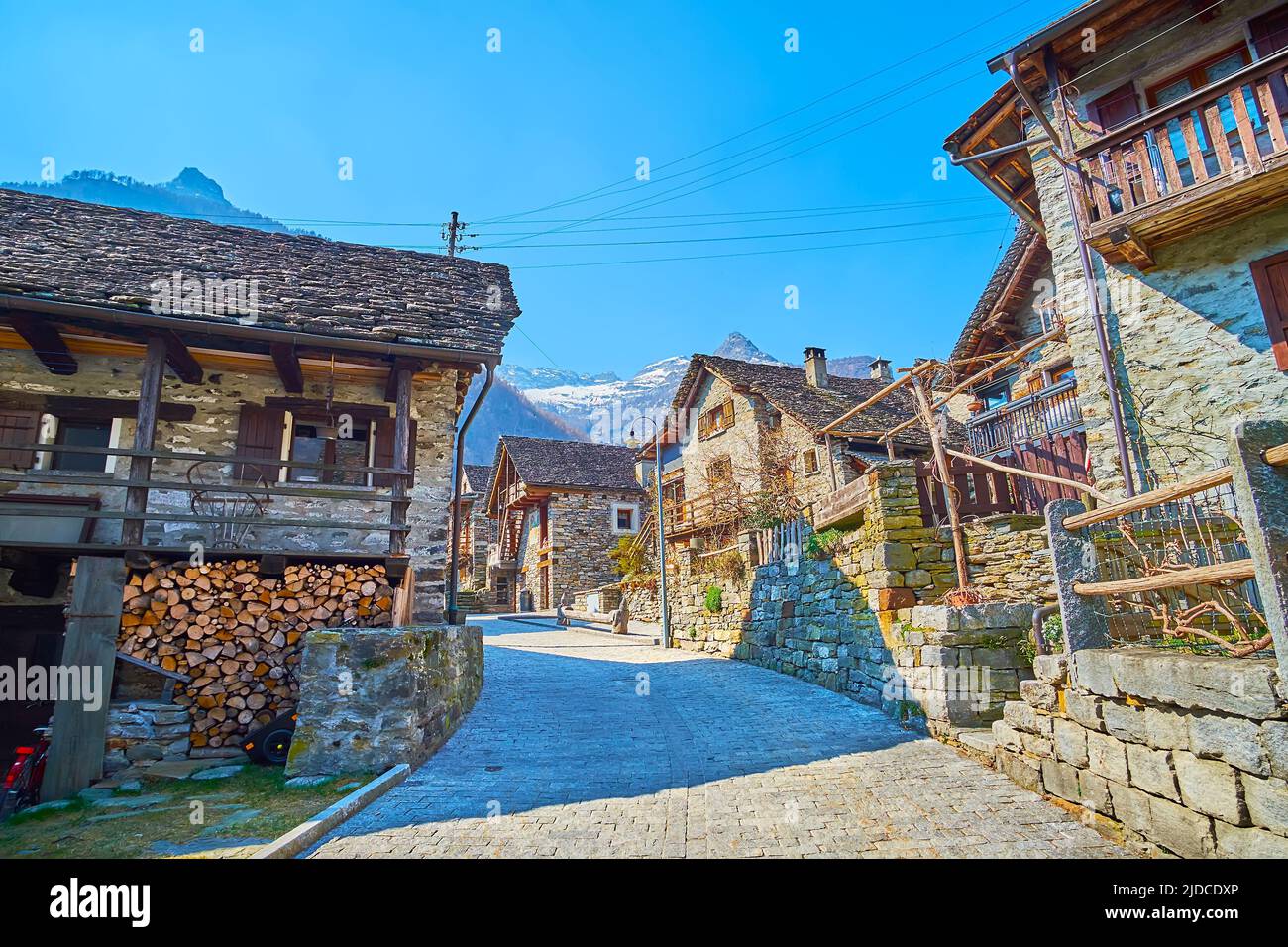 The vintage stone houses with stone coated roofs in historic Sonogno village, Valle Verzasca, Switzerland Stock Photo