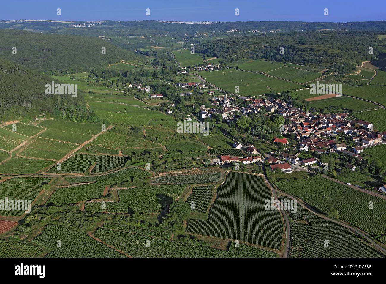 France, Côte-d'Or, Auxey-Duresses village Burgundy vineyards AOC vineyards of the Côte de Beaune (aerial photo), Stock Photo