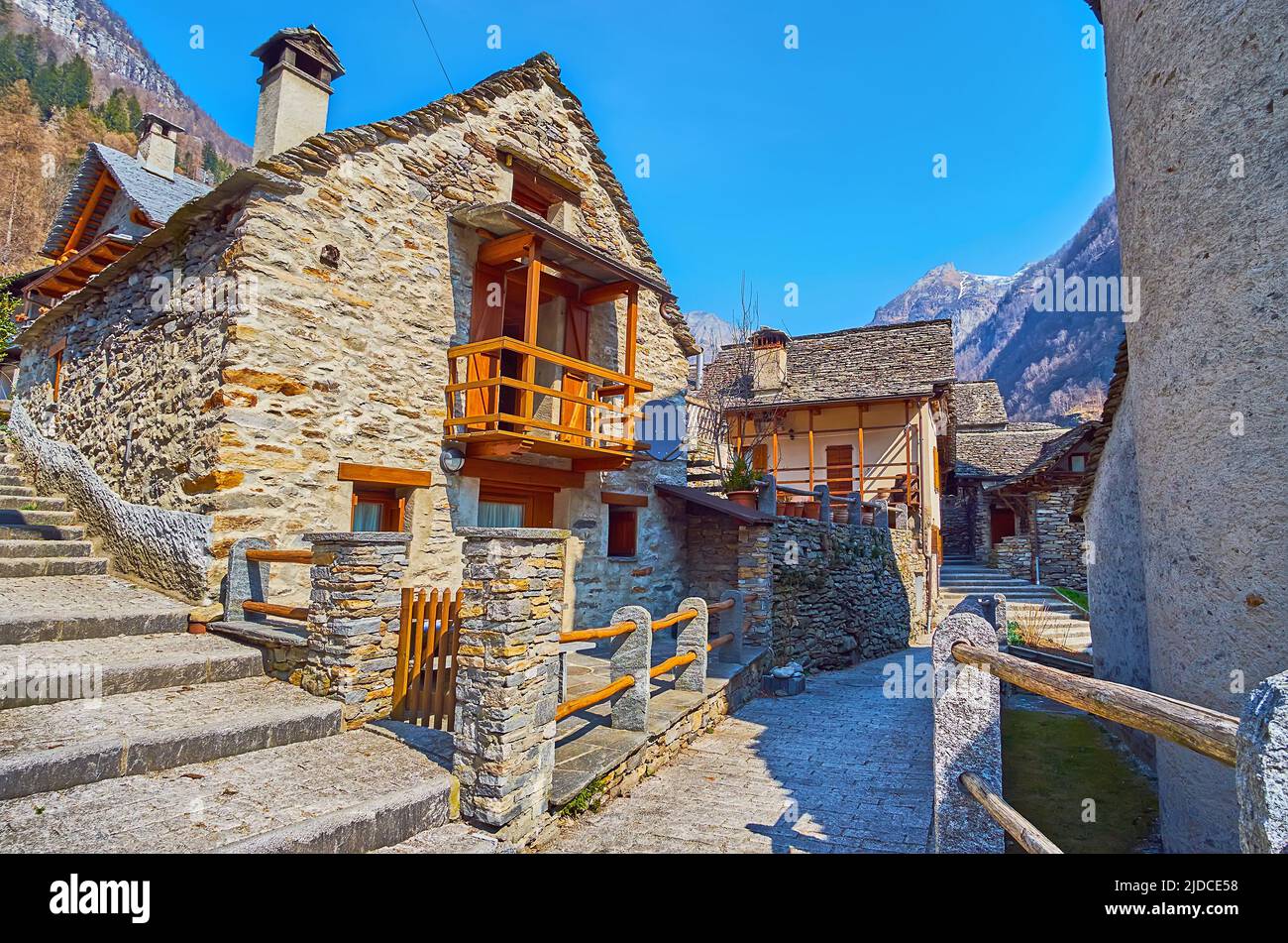 Sonogno Alpine village consists of narrow hilly streets with stairs, climbs and descents, Valle Verzasca, Switzerland Stock Photo