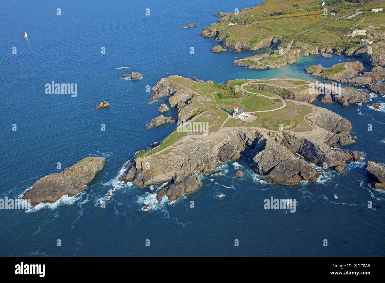 France, Morbihan Belle-Ile-en-Mer, the lighthouse of Poulains, the Wild Coast (aerial view) Stock Photo