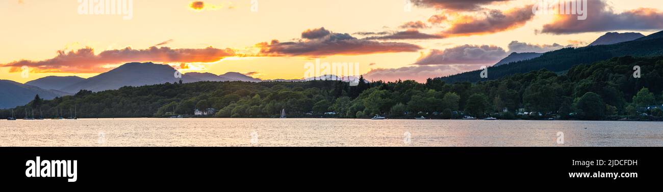 Sunset over Loch Lomond from Milarrochy Bay, Trossachs National Park, Southern Scotland, UK Stock Photo