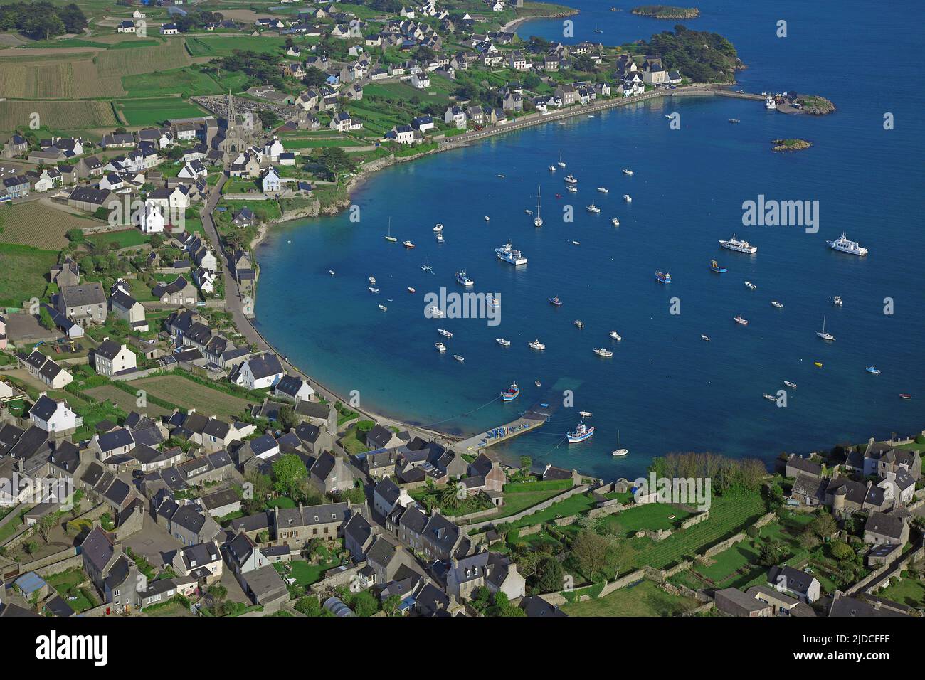 France, Finistère, Ile de Batz, the village, port Kernok (aerial view) Stock Photo