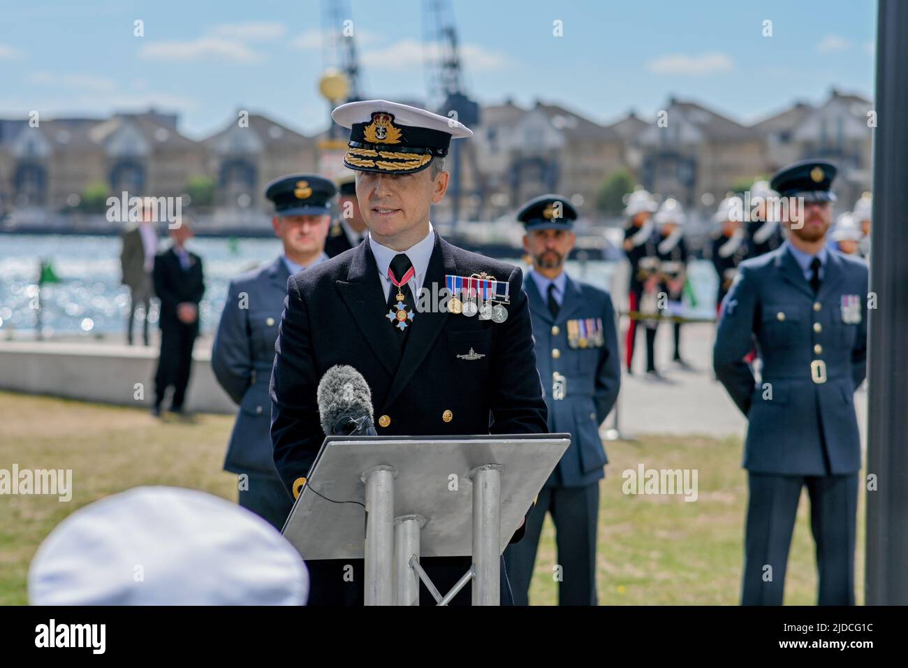 London, UK. 20th June, 2020. The Mayor of London, Sadiq Khan, join with the Chair of the London Assembly, members of the Armed Forces, London Assembly Members and the City Hall branch of the British Legion to pay tribute to the UK's servicemen and women ahead of Saturday's National Armed Forces Day. This will the first Armed Forces Day flag raising ceremony to take place at City Hall's new location at the Royal Docks. Credit: See Li/Picture Capital/Alamy Live News Stock Photo