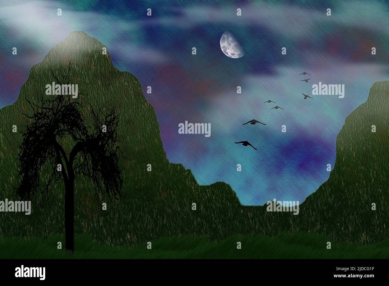 Green hills and tree. Moon and birds. 3D rendering Stock Photo