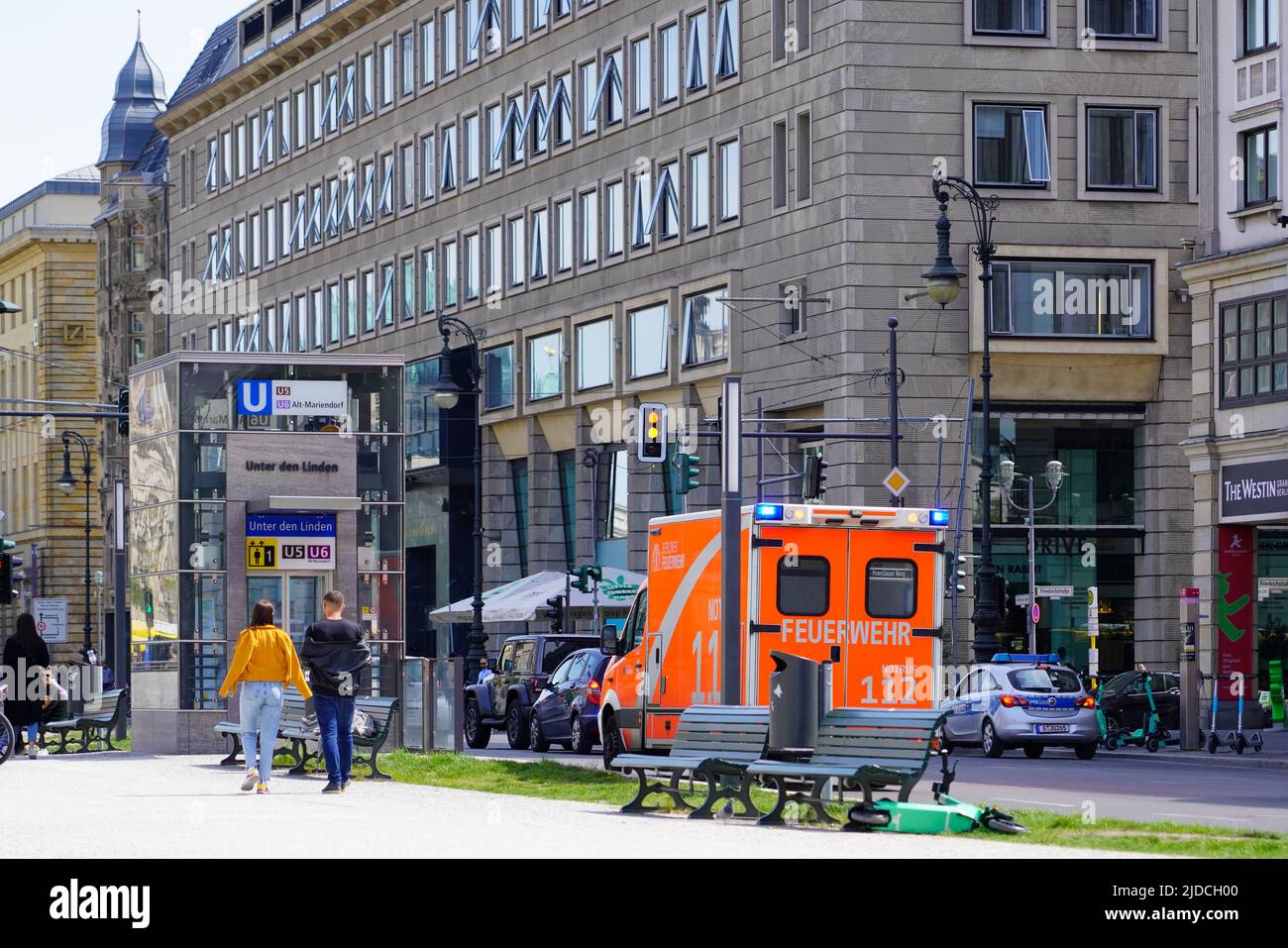 Ambulance on emergency duty on the street Unter den Linden in Berlin. Stock Photo