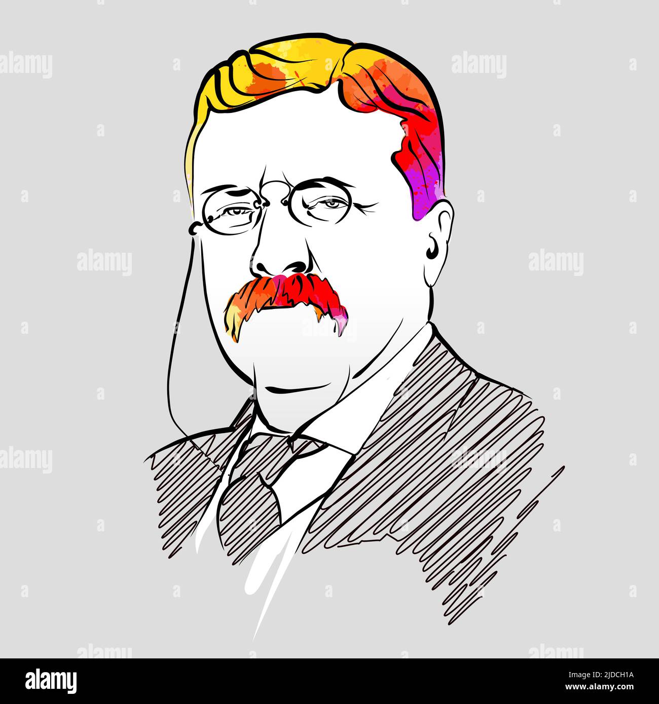 Theodore Roosevelt colorful hair vector drawing. Hand-drawn outline sketch. Drawing for use on any marketing project and for resale as print. Stock Vector