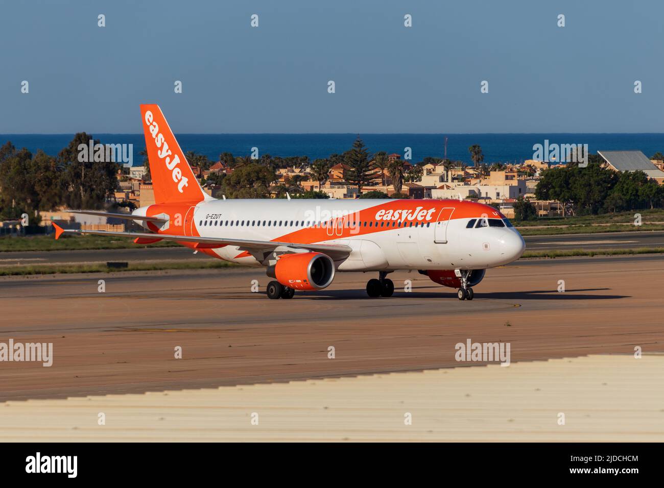 Easyjet Flight Arriving at Almeria Airport, Almeria province, Andalucía, Spain Stock Photo