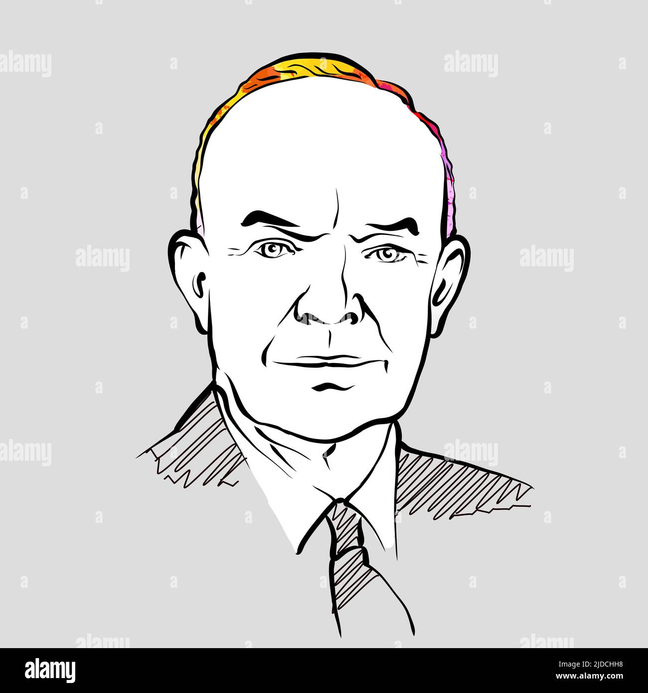 Dwight D. Eisenhower colorful hair vector drawing. Hand-drawn outline sketch. Drawing for use on any marketing project and for resale as print. Stock Vector