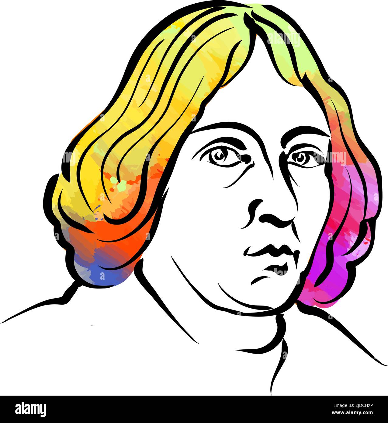 Nicolaus Copernicus colorful hair vector drawing. Hand-drawn outline sketch. Drawing for use on any marketing project and for resale as print. Stock Vector