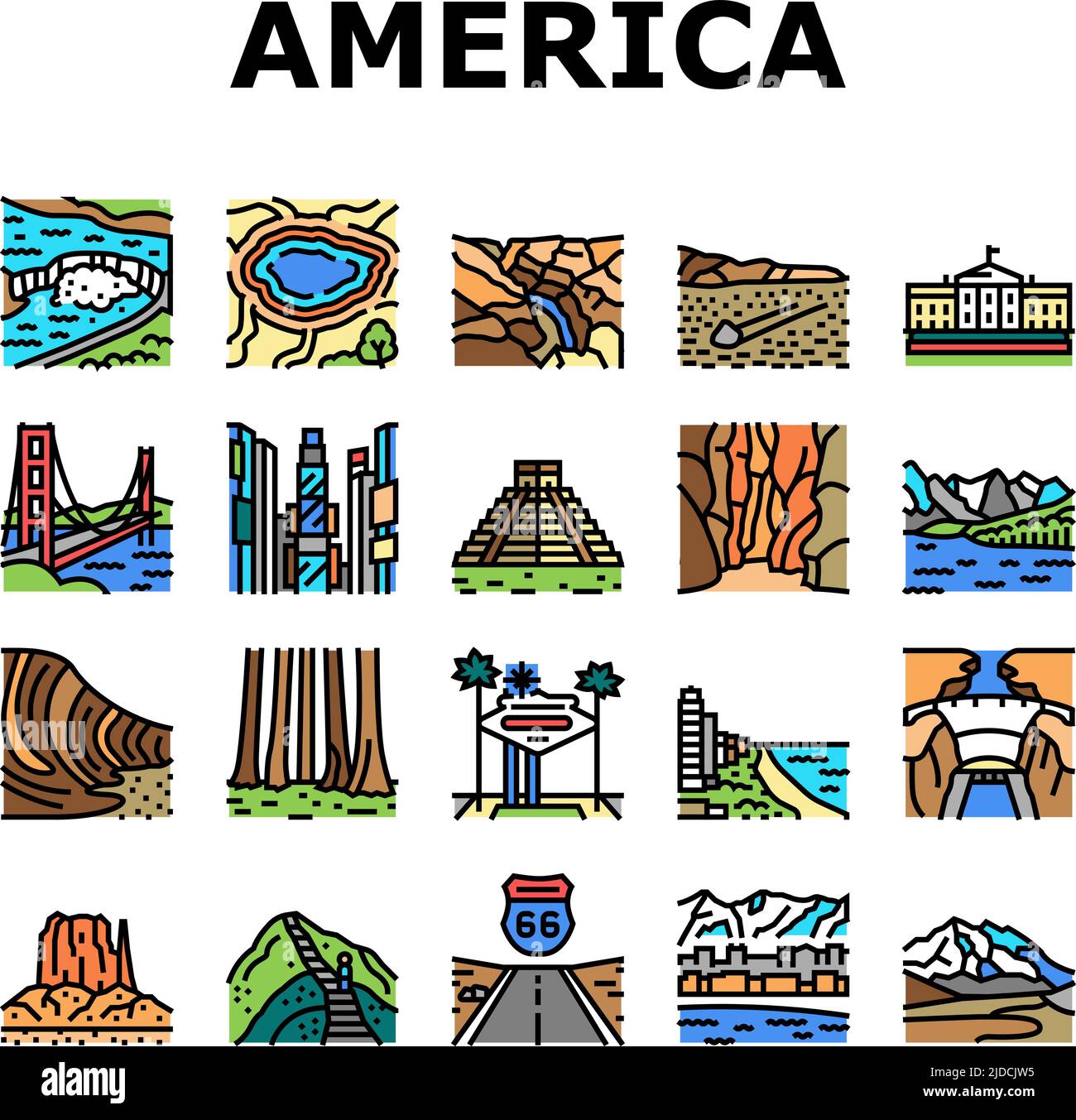 North America Famous Landscape Icons Set Vector Stock Vector
