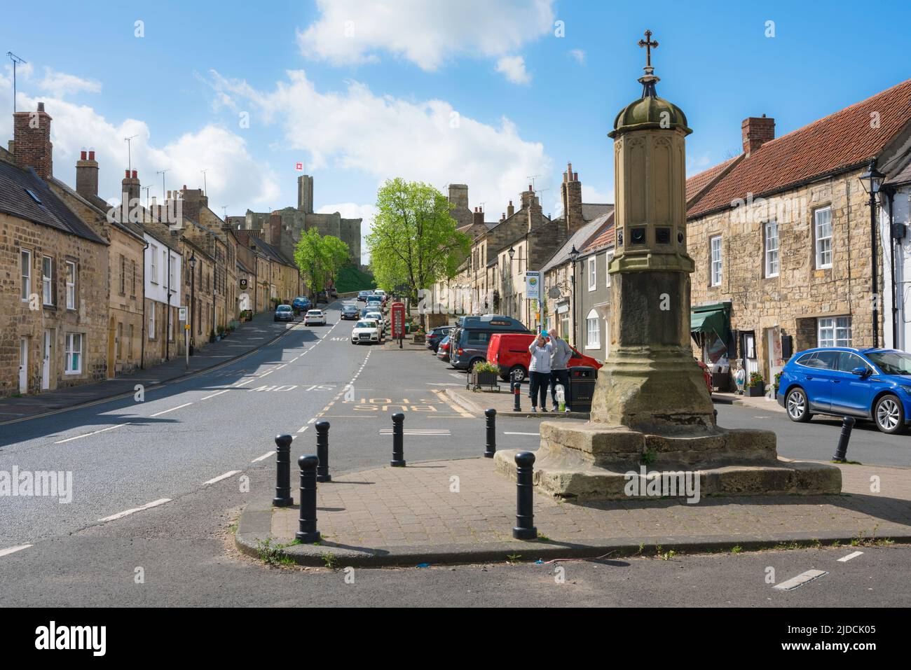 Warkworth village, view in summer of Castle Street in the centre of Warkworth, Northumberland