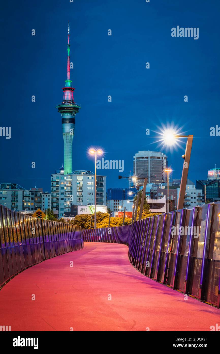 Auckland cycleway known as Te Ara I Whiti,  New Zealand's most colourful cycleway, Sky tower in the background, Credit:Robin Bush / Avalon Stock Photo