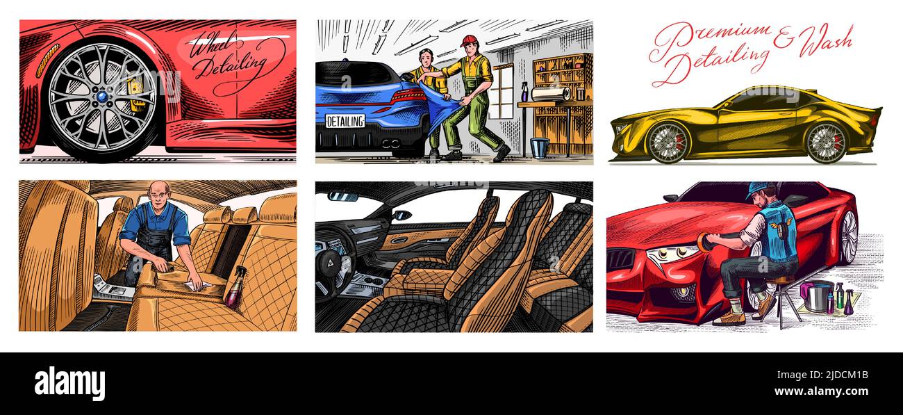leather car seat. Auto detailing. Dry cleaning motor. Wrapping Specialist Putting Vinyl Foil Film. Vehicle service or Automobile center. A man Stock Vector