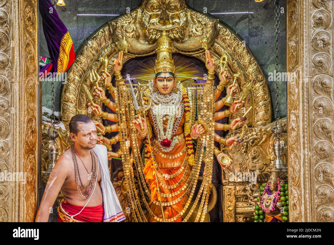Sri Veeramakaliamman Temple, Little India, Singapore, priest beside Kali, Credit:ROBIN BUSH / Avalon Stock Photo