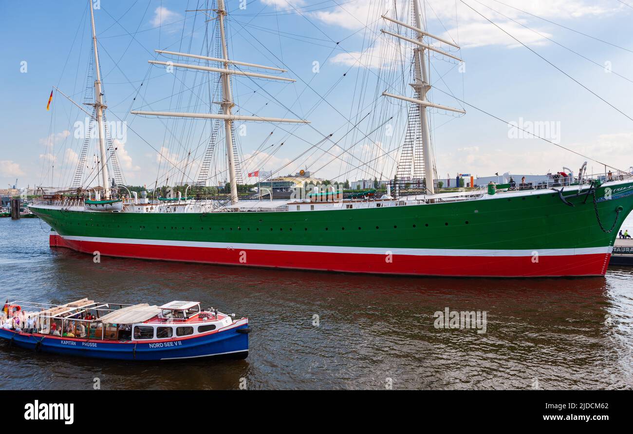 Hamburg, Germany - July 12, 2011 : Old, restored German cargo sailing ship Rickmer Rickmers moored on Elbe River. Stock Photo
