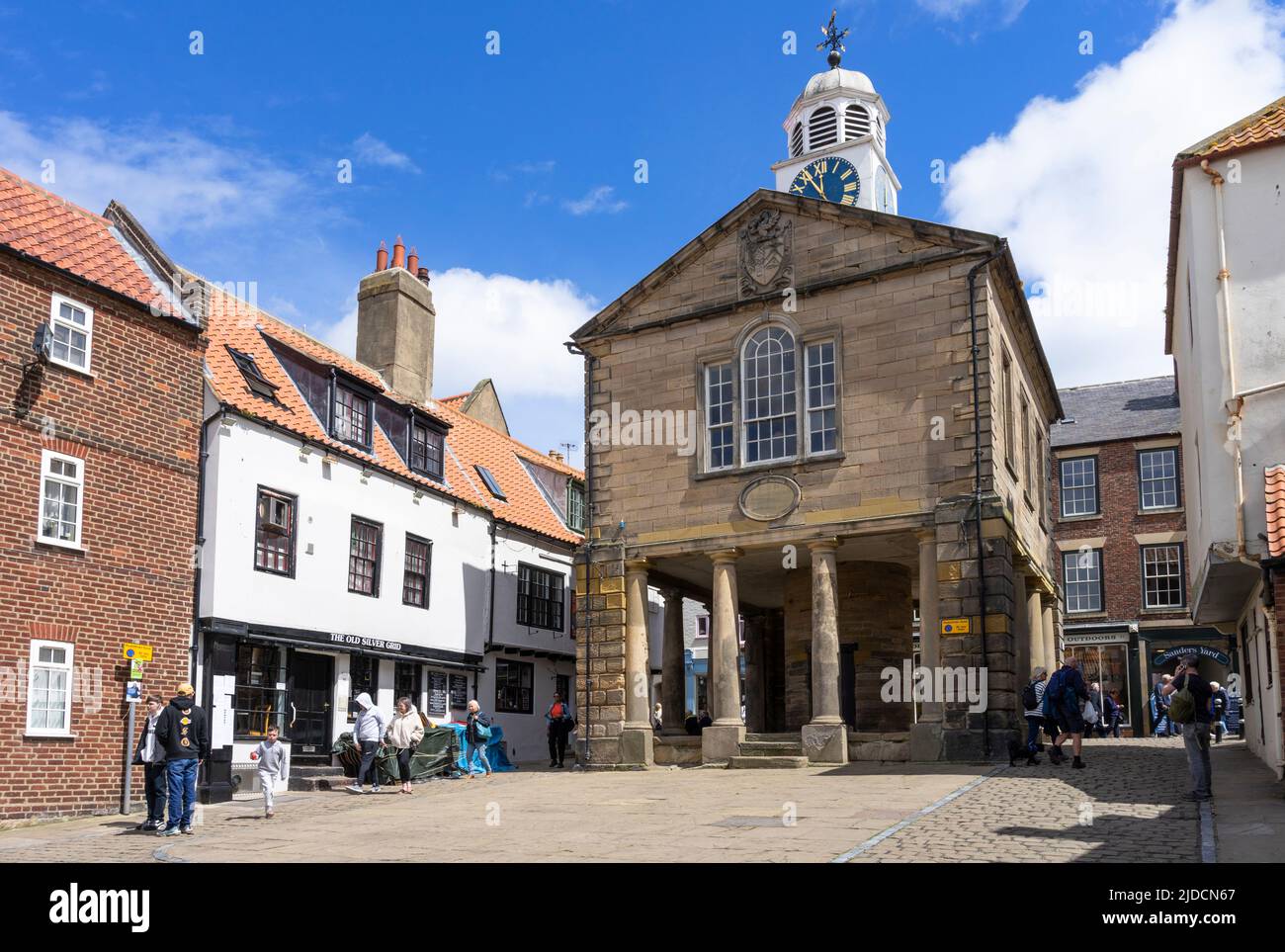 Whitby Yorkshire Whitby old town market square clock tower and Whitby Town Hall  north yorkshire england uk gb europe Stock Photo