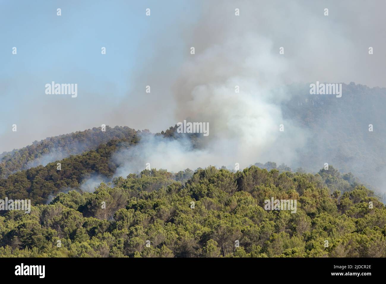 Large column of smoke from a fire advancing towards the municipality of Guirguillano in Navarre, Spain. Forest burning with great intensity. June 2022 Stock Photo