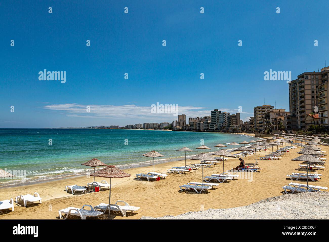 Varosha, Northern Cyprus-June 14, 2022-The newly reopened beach and abandoned beach front hotels in the old resort of Varosha, Famagusta Stock Photo