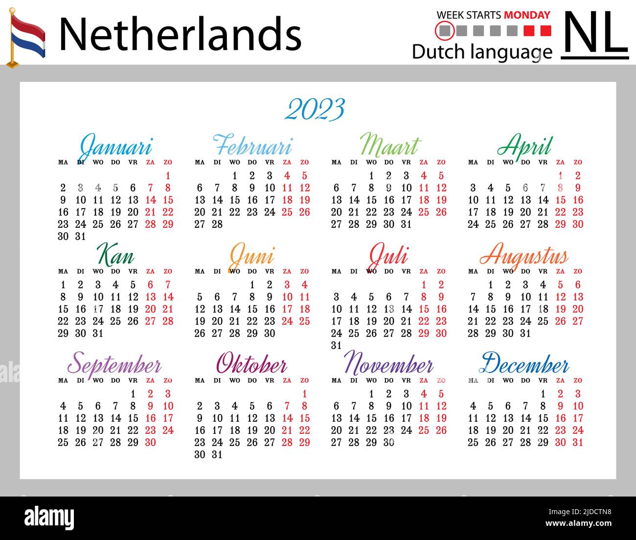 Dutch horizontal pocket calendar for 2023 (two thousand twenty three). Week  starts Monday. New year. Color simple design. Vector Stock Vector Image &  Art - Alamy