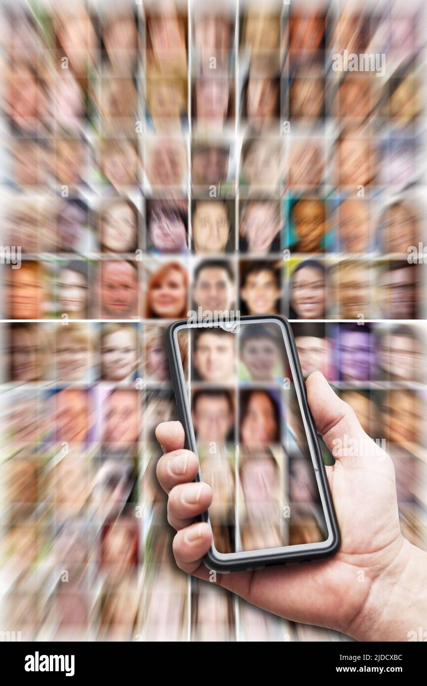 hand with smartphone and wall of people, social media and social networking concept Stock Photo