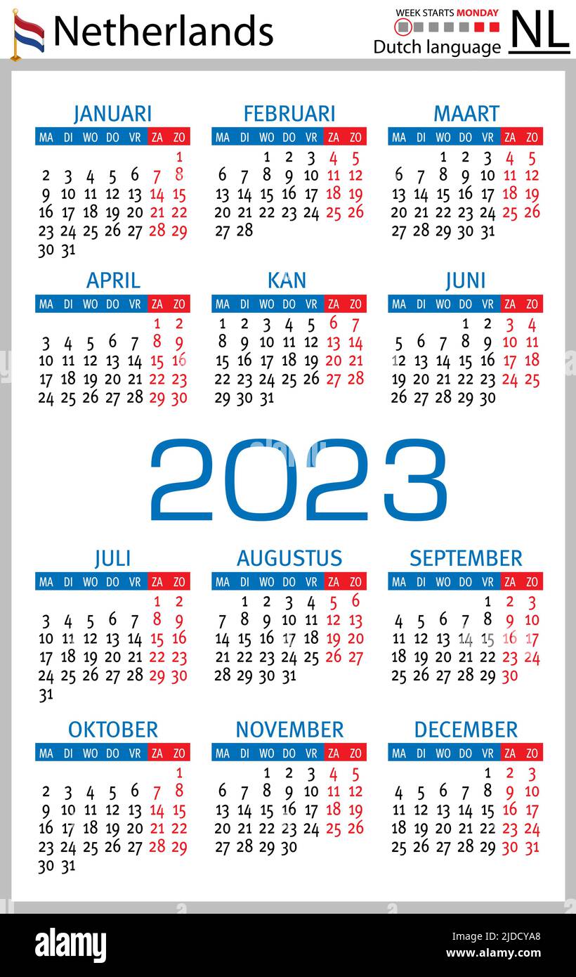 Dutch vertical pocket calendar for 2023 (two thousand twenty three). Week  starts Sunday. New year. Color simple design. Vector Stock Vector Image &  Art - Alamy