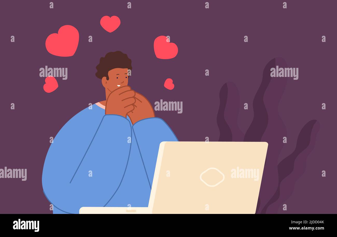 Video online romantic call. Afro american man in flying hearts sitting in front laptop. Remote dating, happy guy chatting internet vector concept Stock Vector