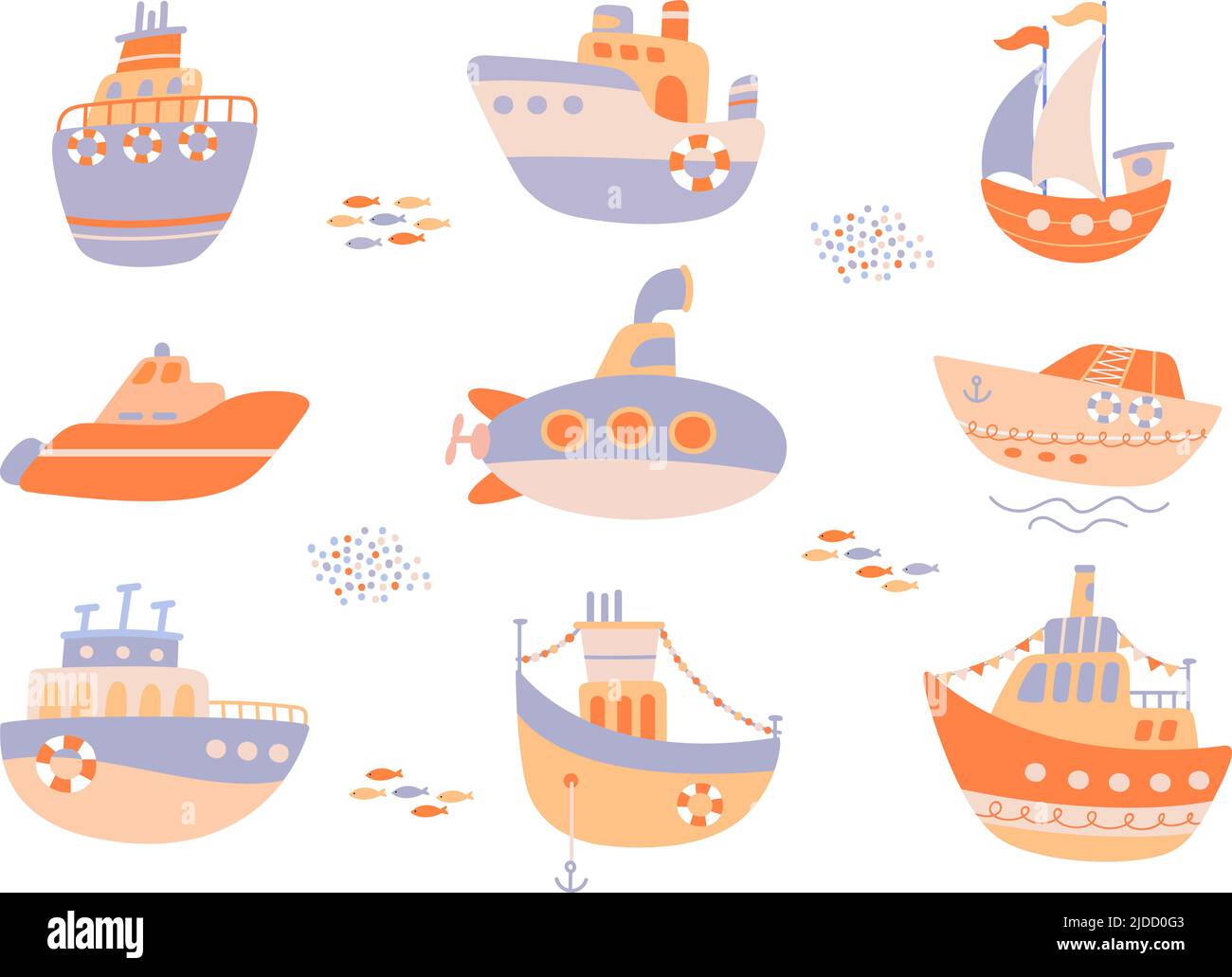 Hand drawn baby boats. Cartoon flat boat and sailor ship. Little submarine, cruise yacht and pirate sea transport. Cute boy ocean nowaday vector Stock Vector