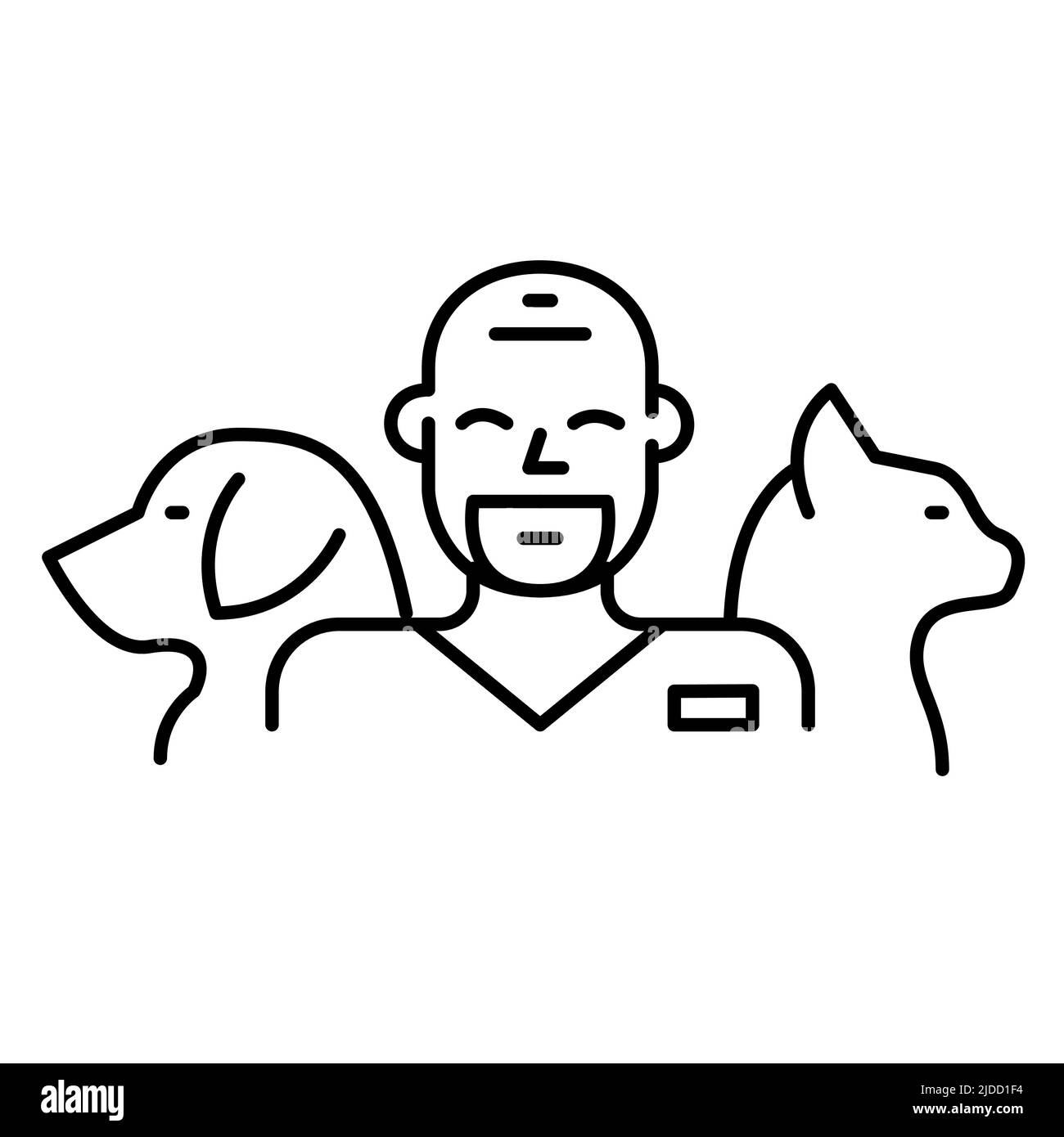 Smiling friendly veterinarian doctor with dog and cat. Pixel perfect, editable stroke line icon Stock Vector
