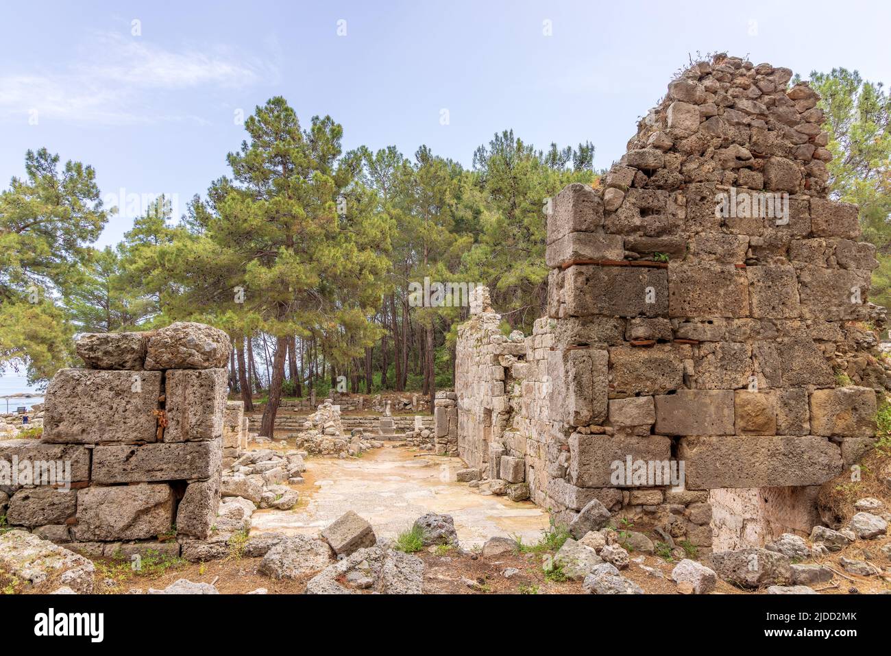 Ruins of Phaselis an ancient city ranged on a peninsula surrounded by three small, perfect bays near Kemer in Turkey. Stock Photo